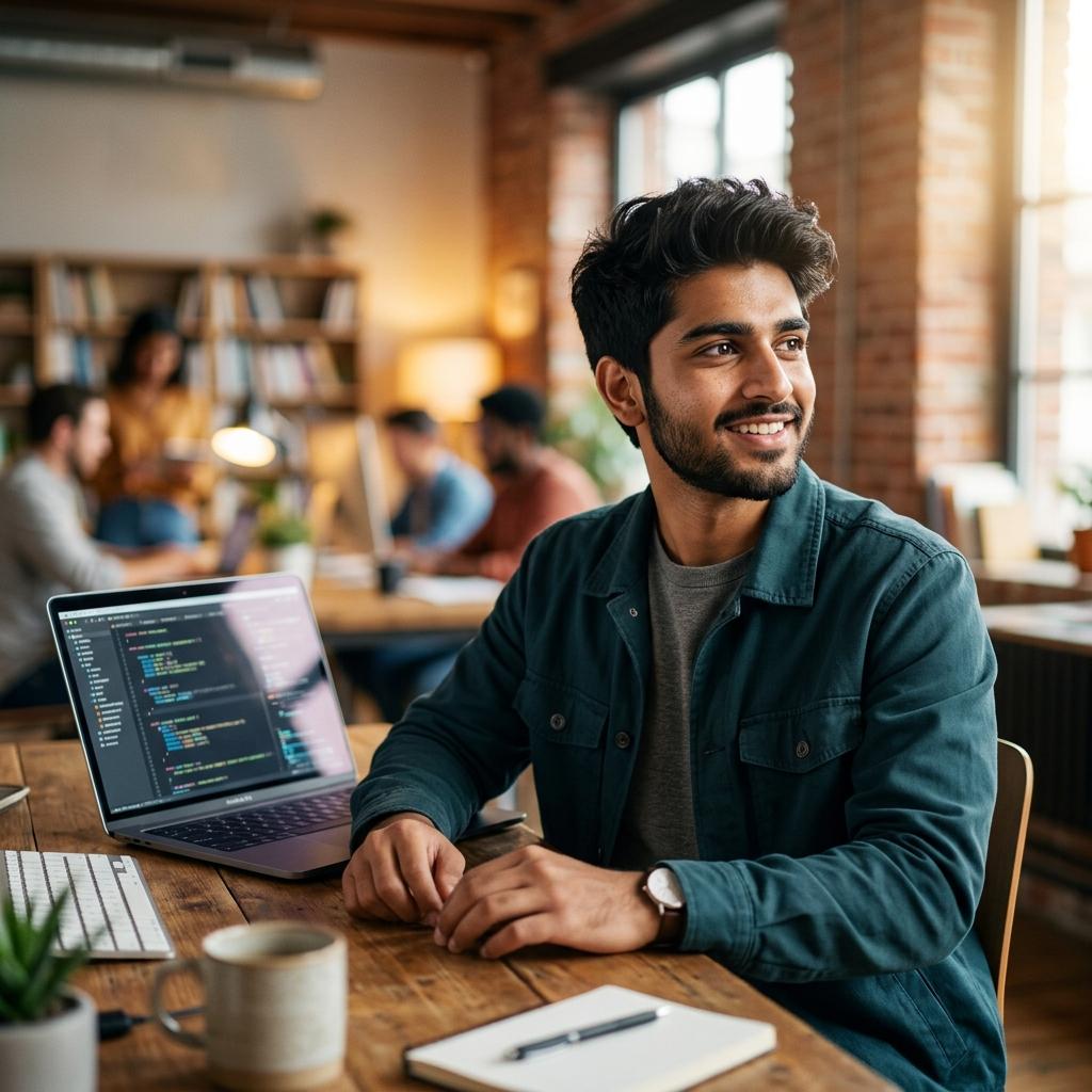Young Pakistani student in a modern workspace